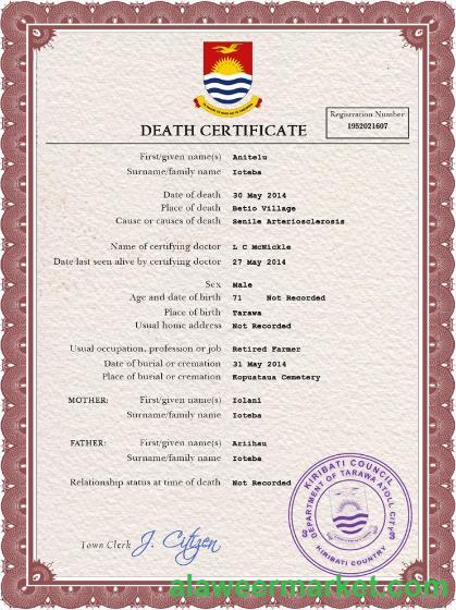 Kiribati death certificate PSD template